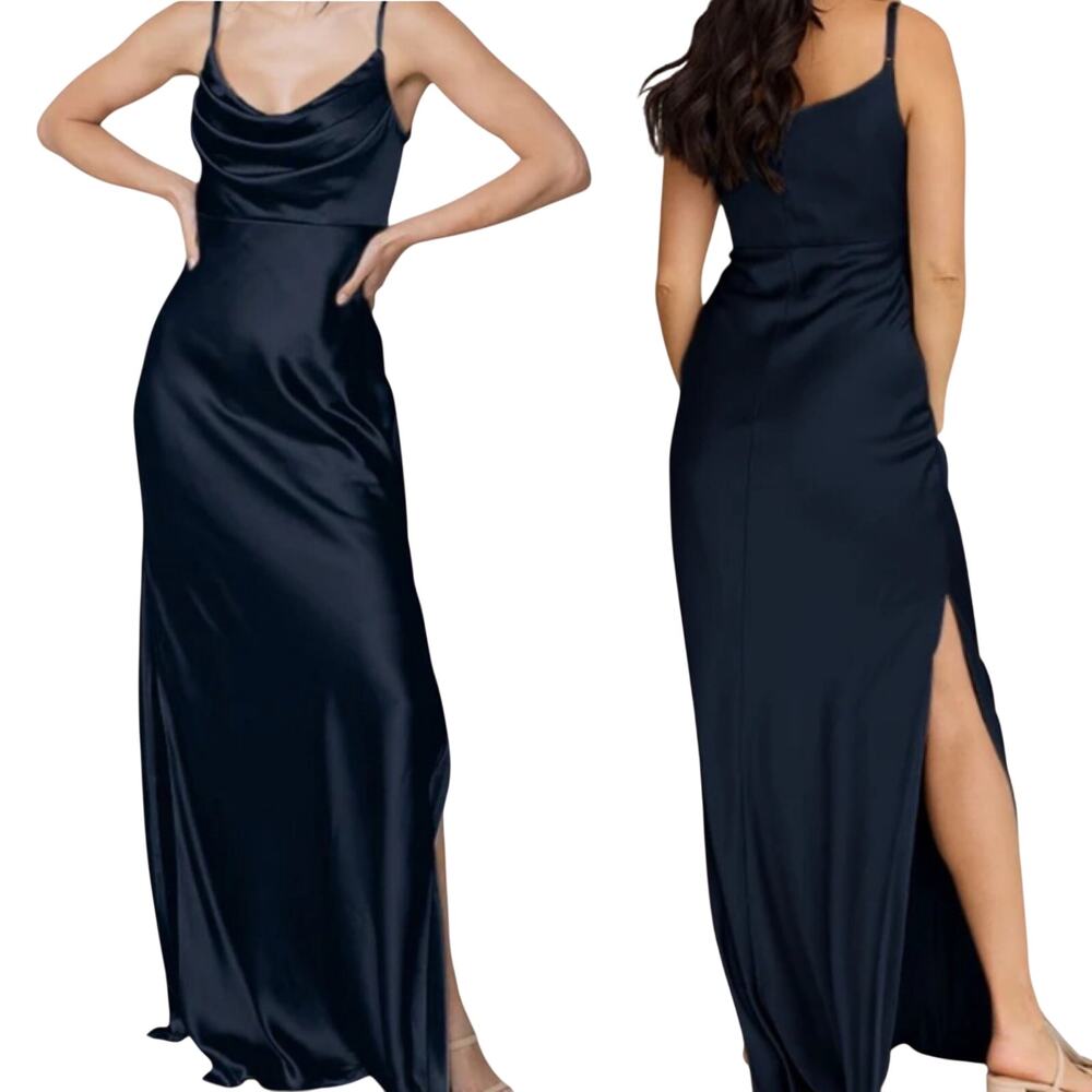 Revelry Skye Satin Gown Cowl Neck Formal Bridesmaid Dark Navy Blue Womens 12